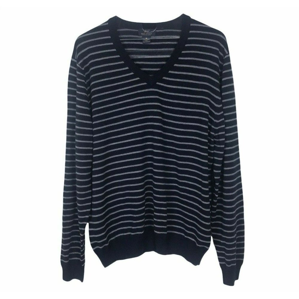 Brooks Brothers V Neck Sweater Navy Gray Stripe
